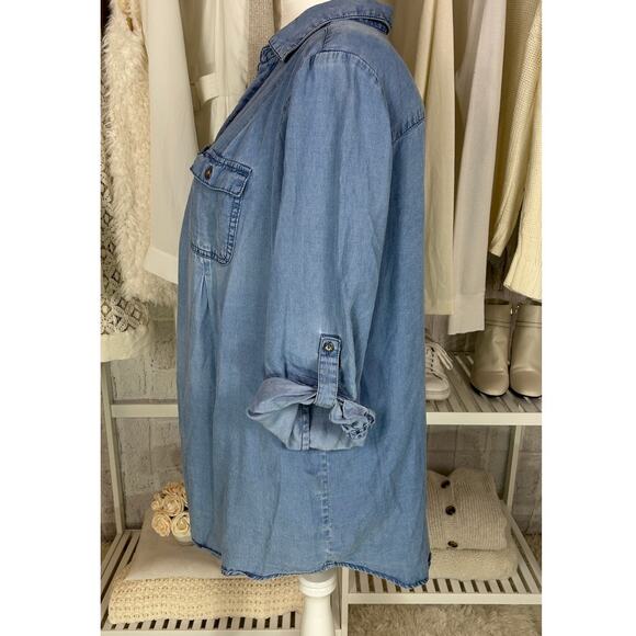 Intro Women's Size 2X Roll Tab Sleeve Medium Blue Chambray Blouse #0468 - Picture 3 of 12